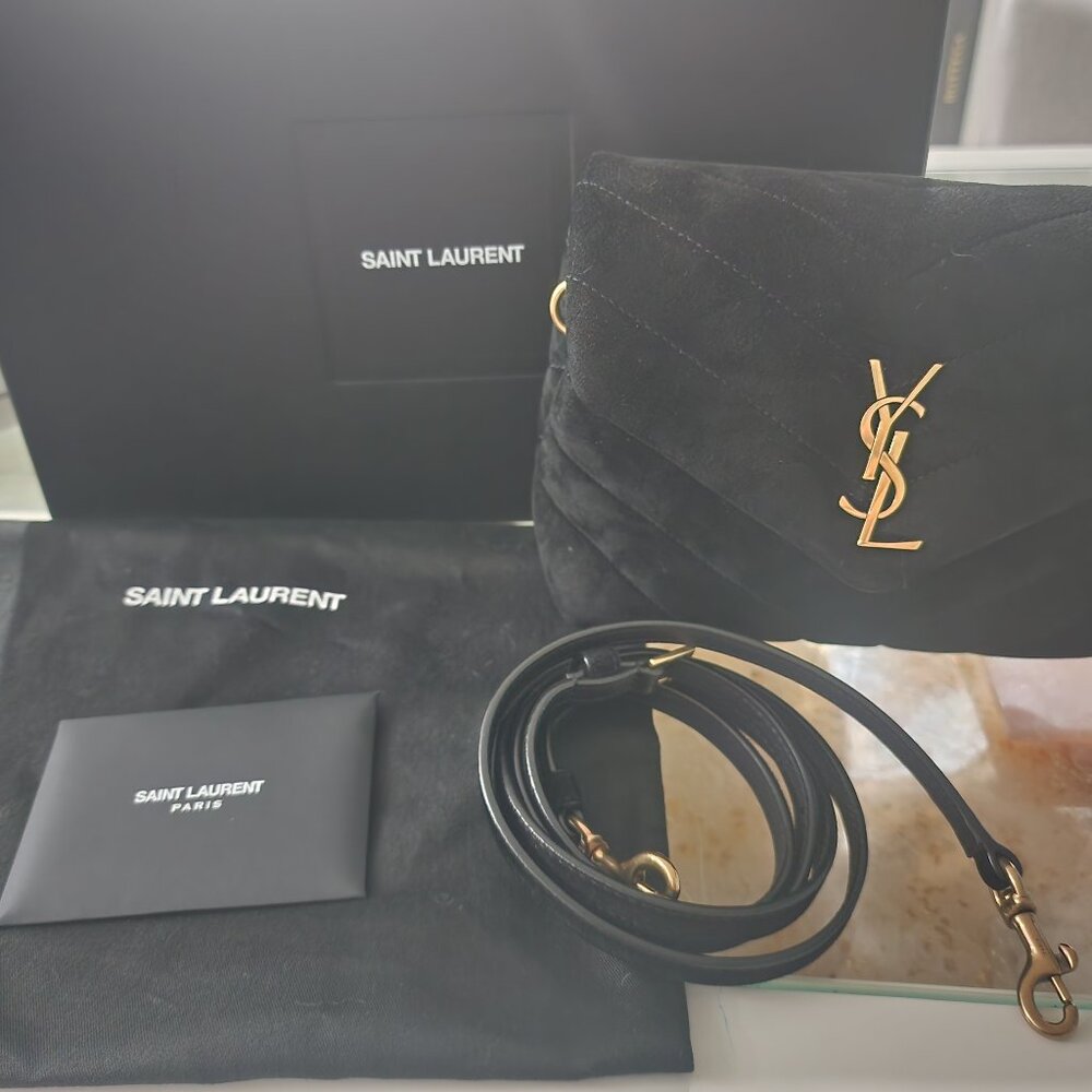 Yves Saint Laurent Black Suede Monogram Crossbody Bag with Gold Hardware